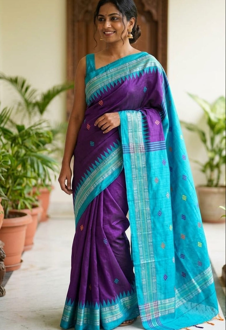 Chhattisgarh Handloom Raw Silk Saree | Temple Border | Ikkat Pallu | Woven Buta Motifs | Multiple Colours