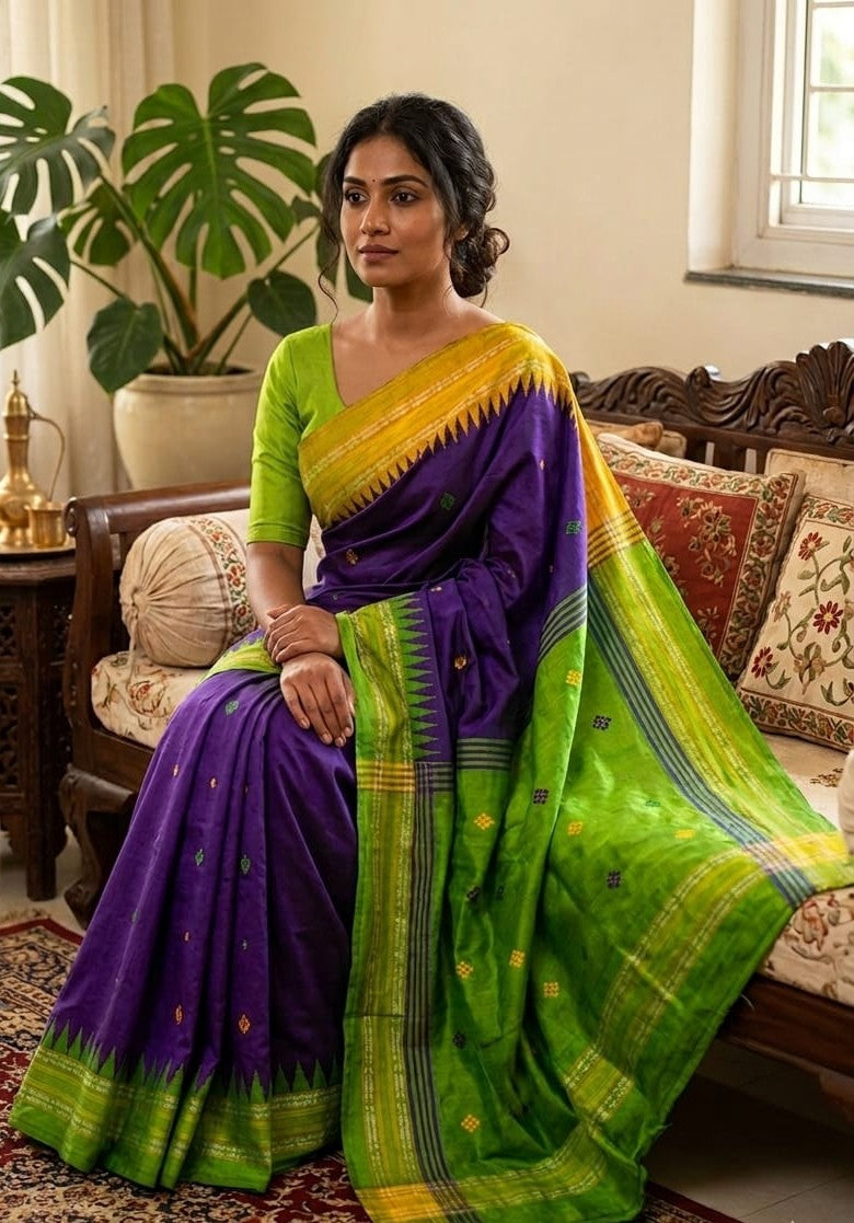 Chhattisgarh Handloom Raw Silk Saree | Temple Border | Ikkat Pallu | Woven Buta Motifs | Multiple Colours