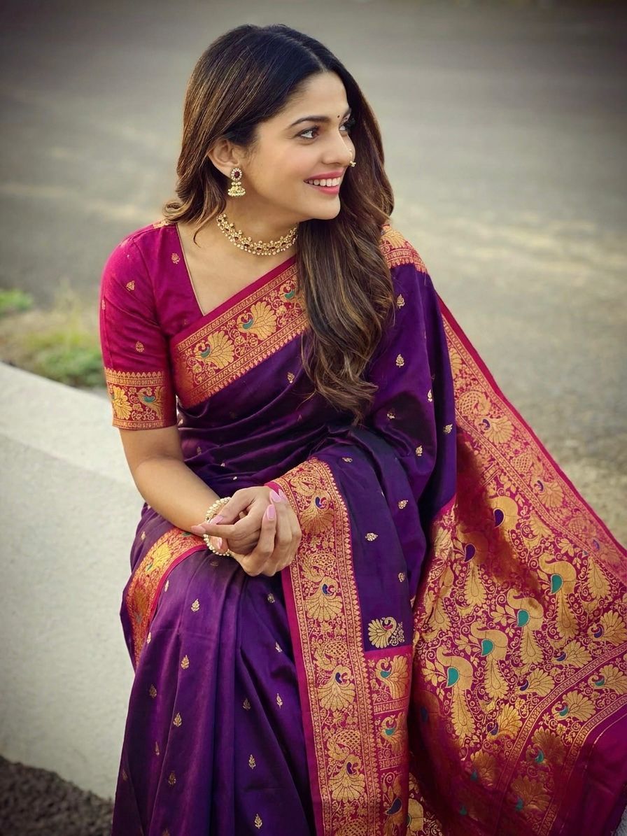 Peshwai Paithani Pure Soft Silk Saree | All-Over Peacock Butti | Meenakari Peacock Pallu | Contrast Blouse