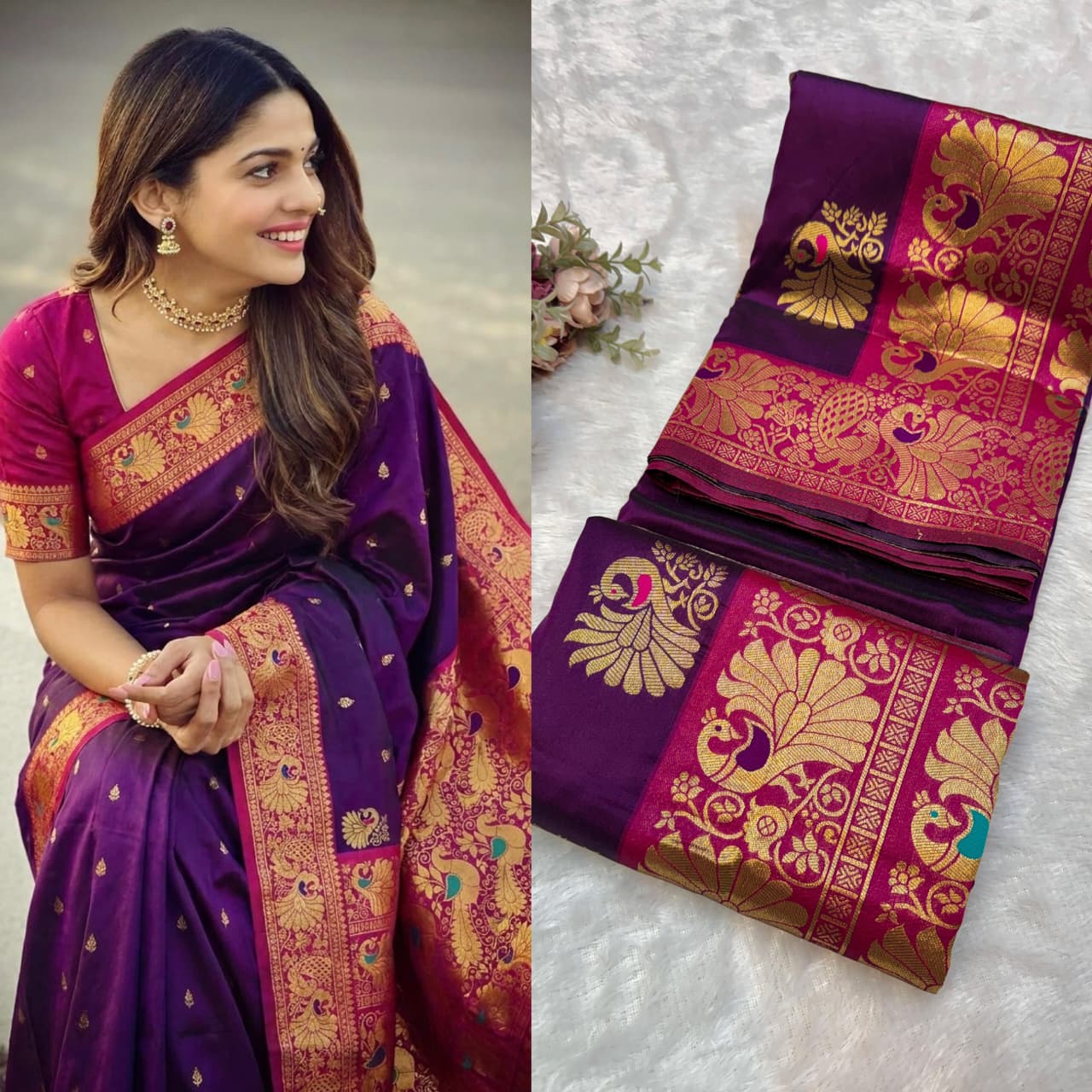 Peshwai Paithani Pure Soft Silk Saree | All-Over Peacock Butti | Meenakari Peacock Pallu | Contrast Blouse
