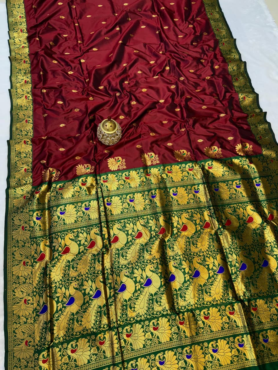 Peshwai Paithani Pure Soft Silk Saree | All-Over Peacock Butti | Meenakari Peacock Pallu | Contrast Blouse