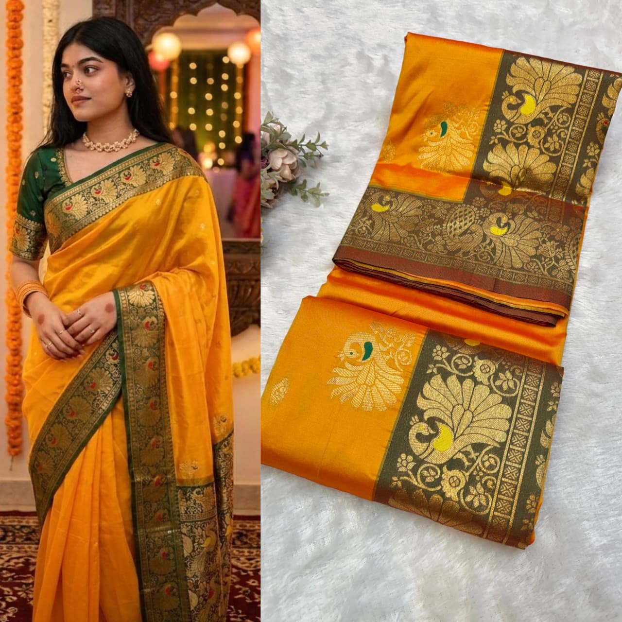 Peshwai Paithani Pure Soft Silk Saree | All-Over Peacock Butti | Meenakari Peacock Pallu | Contrast Blouse