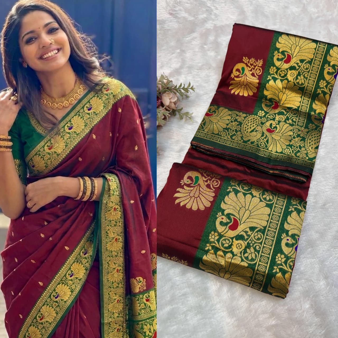 Peshwai Paithani Pure Soft Silk Saree | All-Over Peacock Butti | Meenakari Peacock Pallu | Contrast Blouse