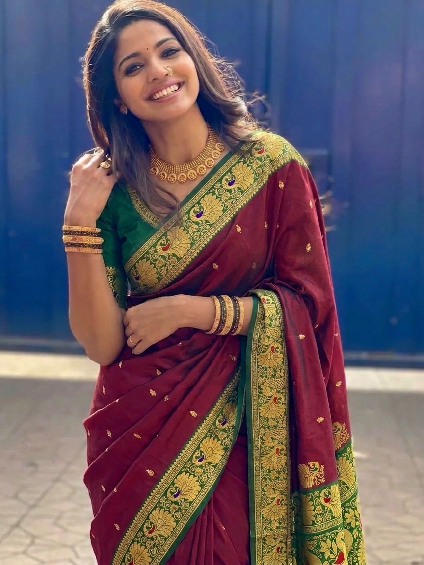 Peshwai Paithani Pure Soft Silk Saree | All-Over Peacock Butti | Meenakari Peacock Pallu | Contrast Blouse