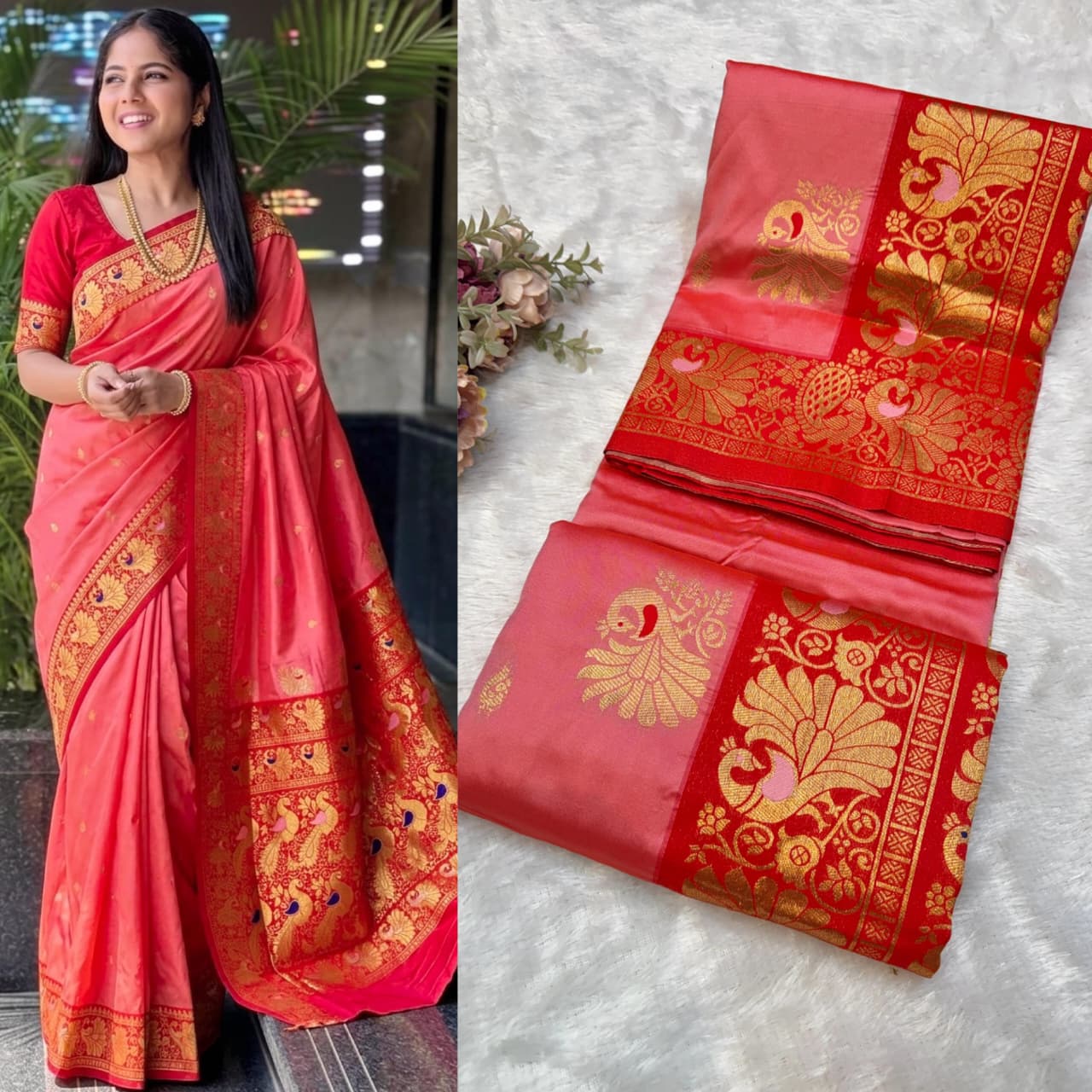 Peshwai Paithani Pure Soft Silk Saree | All-Over Peacock Butti | Meenakari Peacock Pallu | Contrast Blouse
