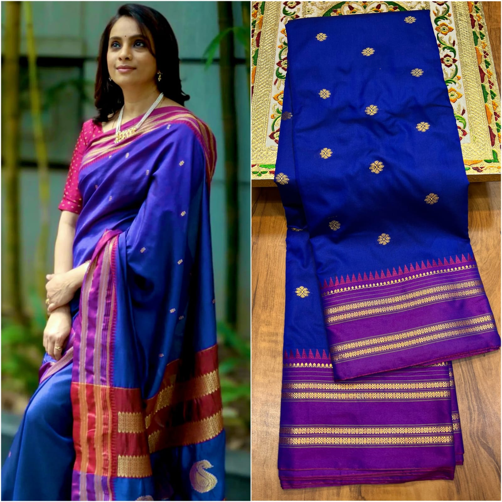Authentic Narayanpet Paithani Handloom Saree | All Over Gold Zari Butti | Deep Blue