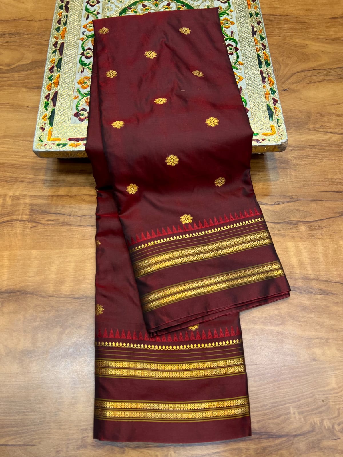 Maroon Authentic Narayanpet Paithani Saree | All Over Gold Zari Butti