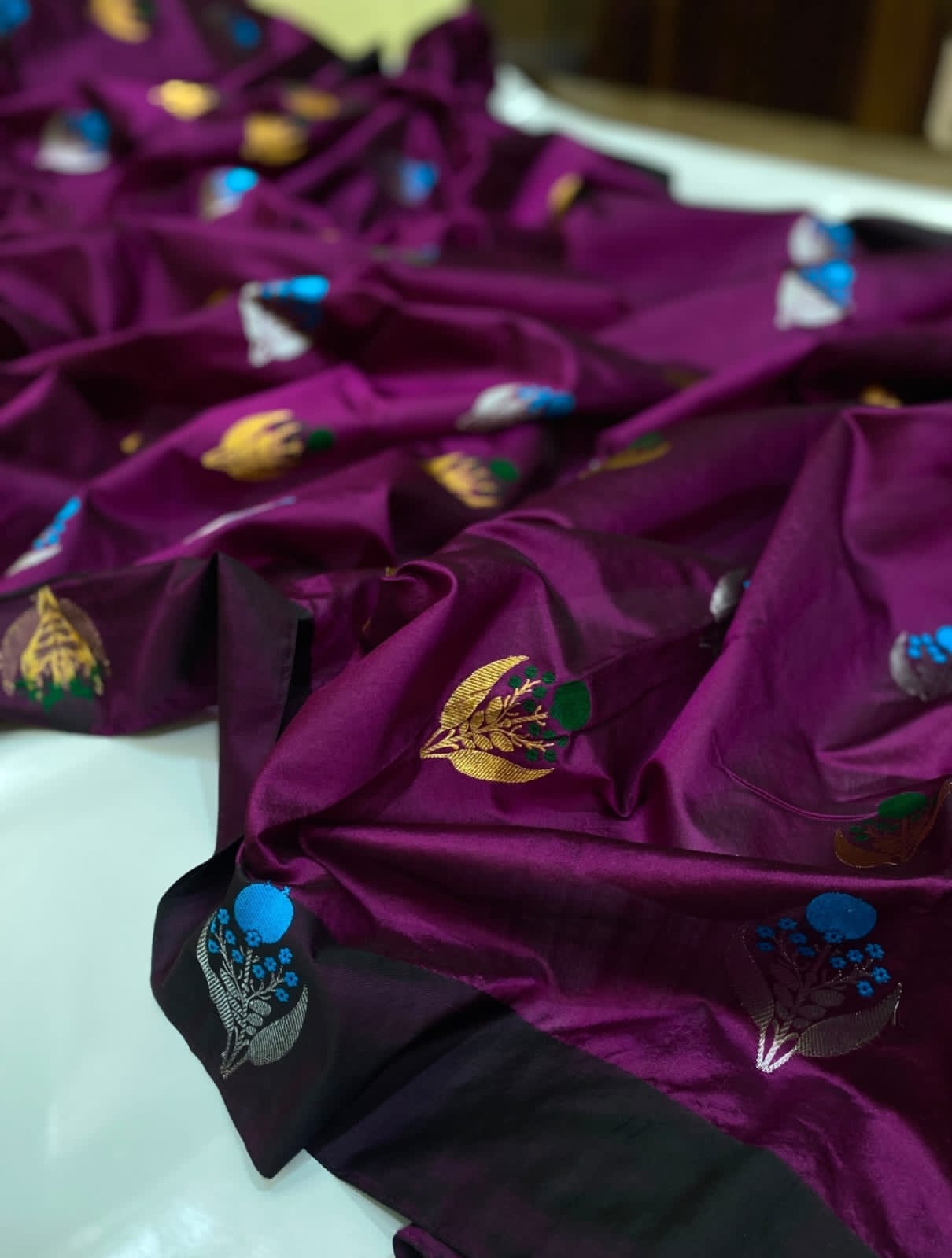 Authentic Chanderi Handloom Pattu Soft Silk Saree | Wine Purple Meenakari Buti Wedding Saree