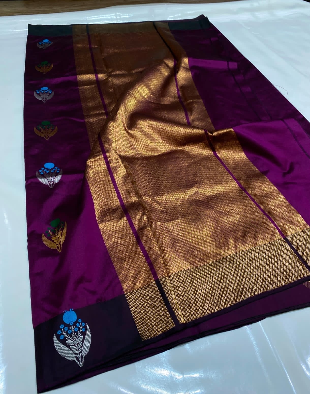 Authentic Chanderi Handloom Pattu Soft Silk Saree | Wine Purple Meenakari Buti Wedding Saree