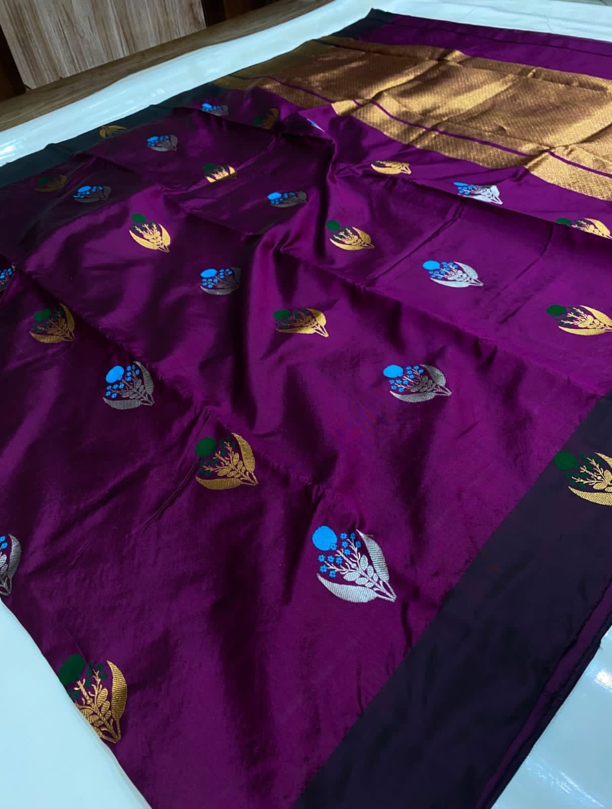 Authentic Chanderi Handloom Pattu Soft Silk Saree | Wine Purple Meenakari Buti Wedding Saree