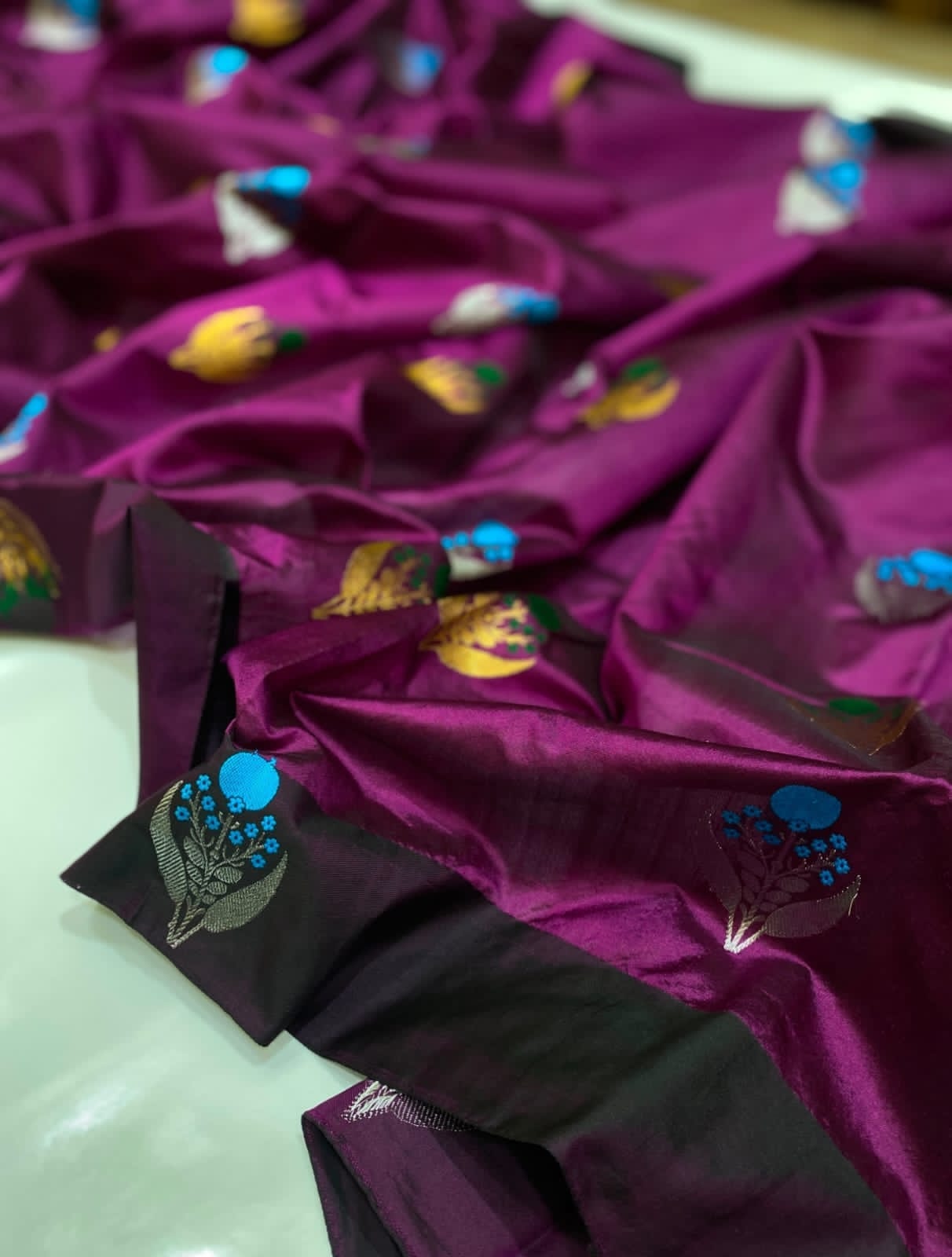 Authentic Chanderi Handloom Pattu Soft Silk Saree | Wine Purple Meenakari Buti Wedding Saree