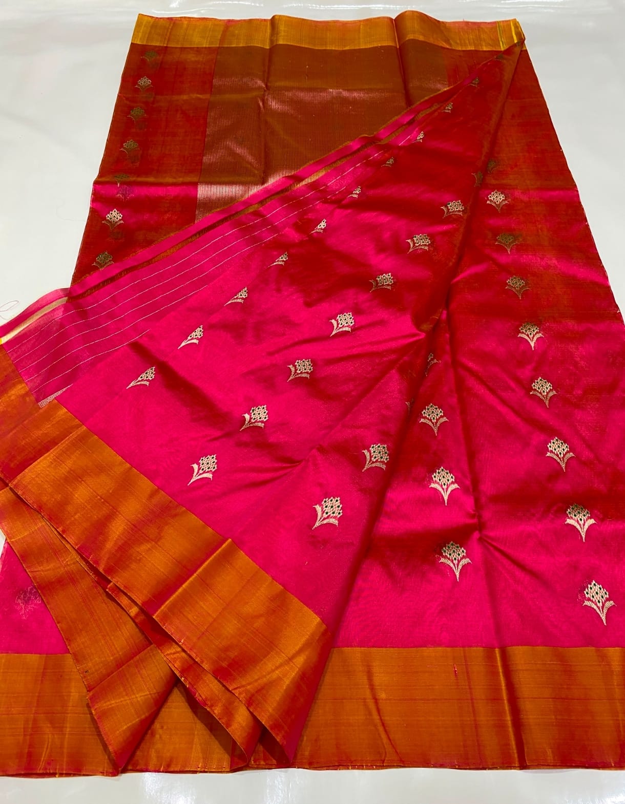 Authentic Chanderi Handloom Pattu Soft Silk Saree | Bright Pink Meenakari Buti Wedding Saree