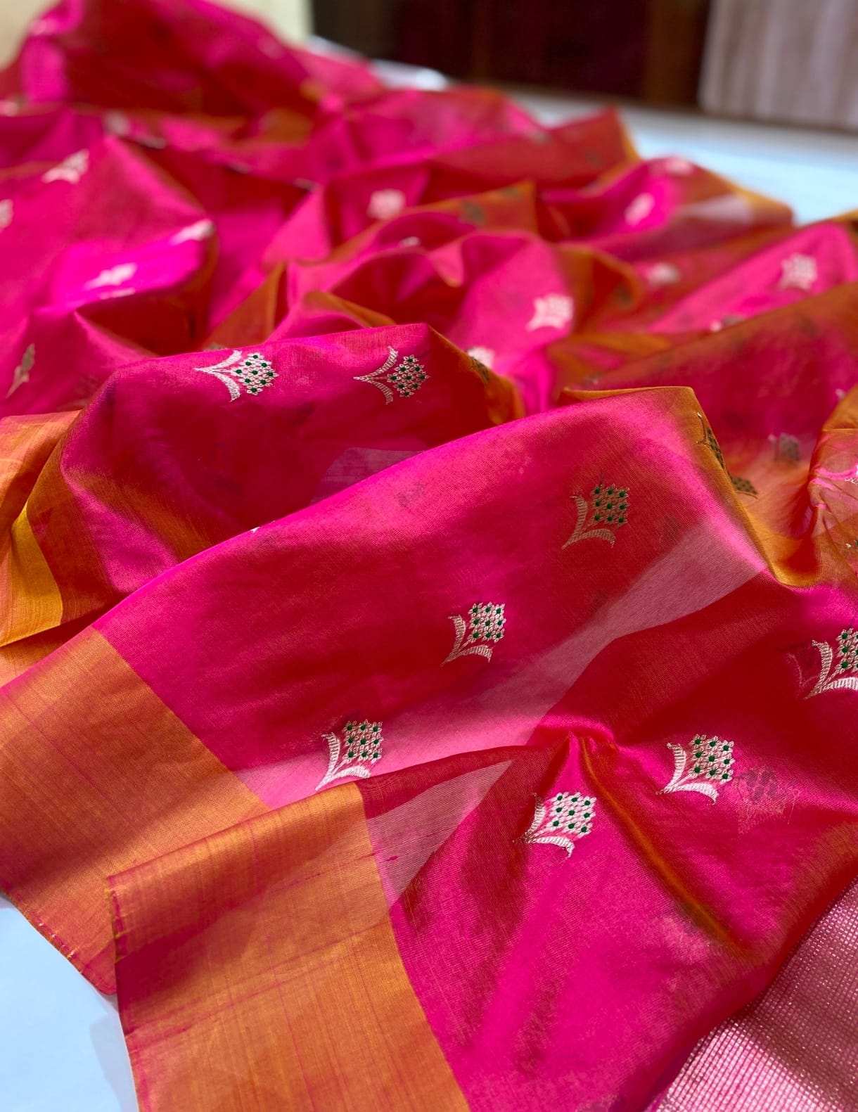 Authentic Chanderi Handloom Pattu Soft Silk Saree | Bright Pink Meenakari Buti Wedding Saree