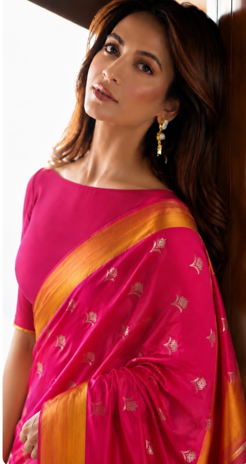 Authentic Chanderi Handloom Pattu Soft Silk Saree | Bright Pink Meenakari Buti Wedding Saree