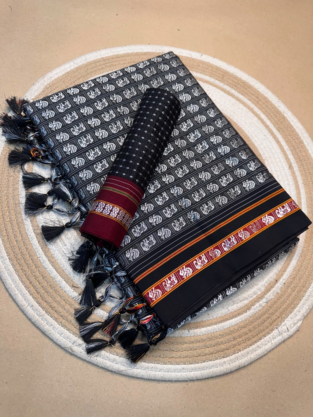 Black Maharashtrian Khun Cotton Blend Saree with Black Contrast Blouse
