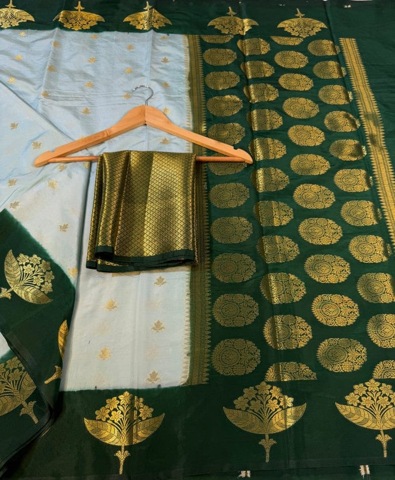 Green Banarasi Soft Silk Saree with Alfi Pattu Border & Zari Butti