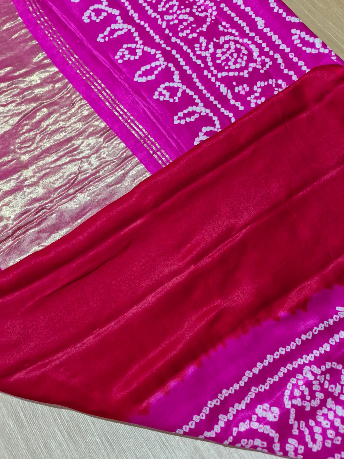 Pure Gaji Silk Rasmandal Bandhani Saree | Fine & Rai Bandhej Saree from Gujarat