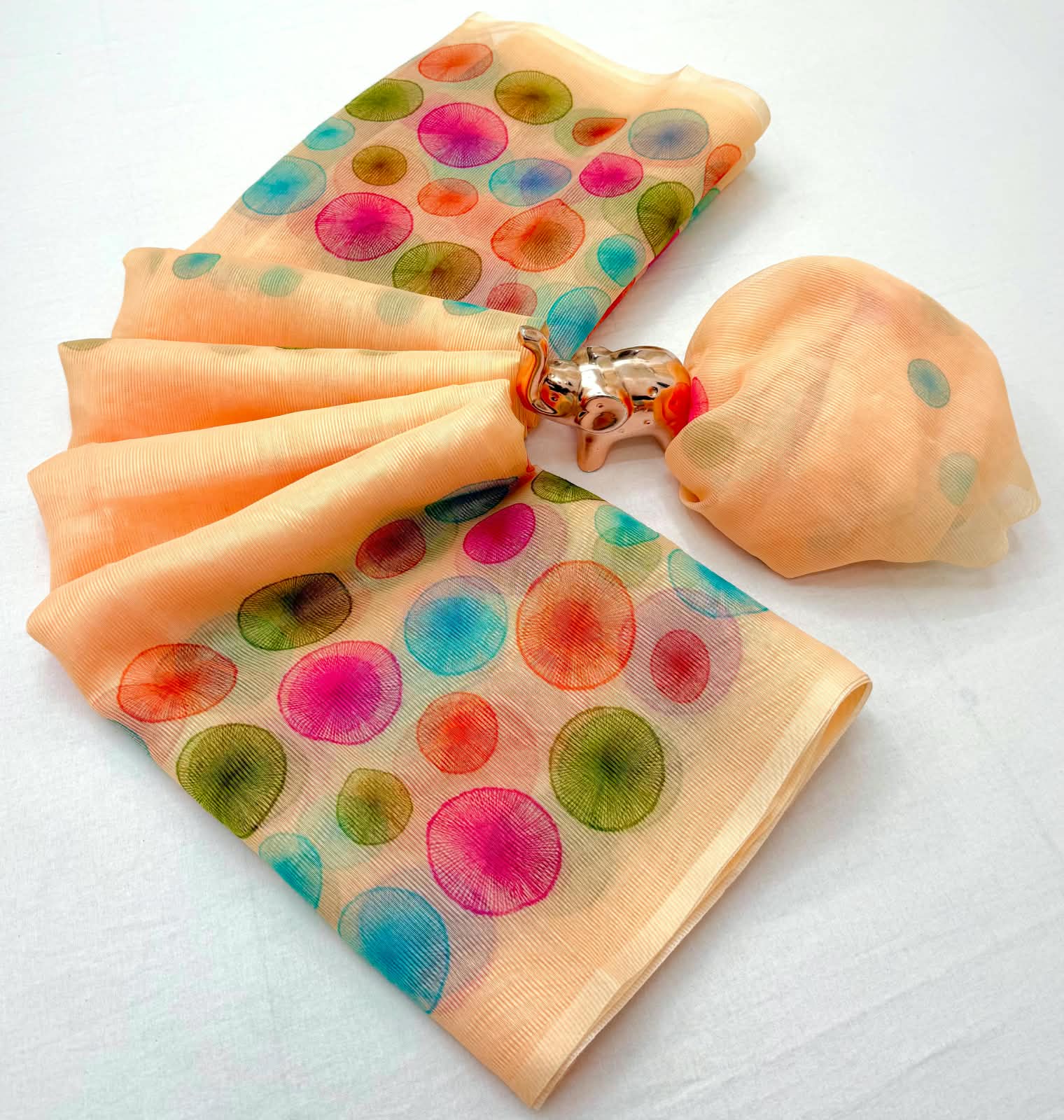 New Arrival Premium Kota Check Printed Saree – Soft Peach with Multicolour Print