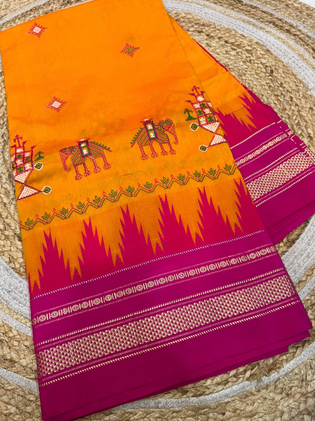 Art Silk Cotton Ilkal Saree with Temple Border Kasuti Work & Tope Pallu