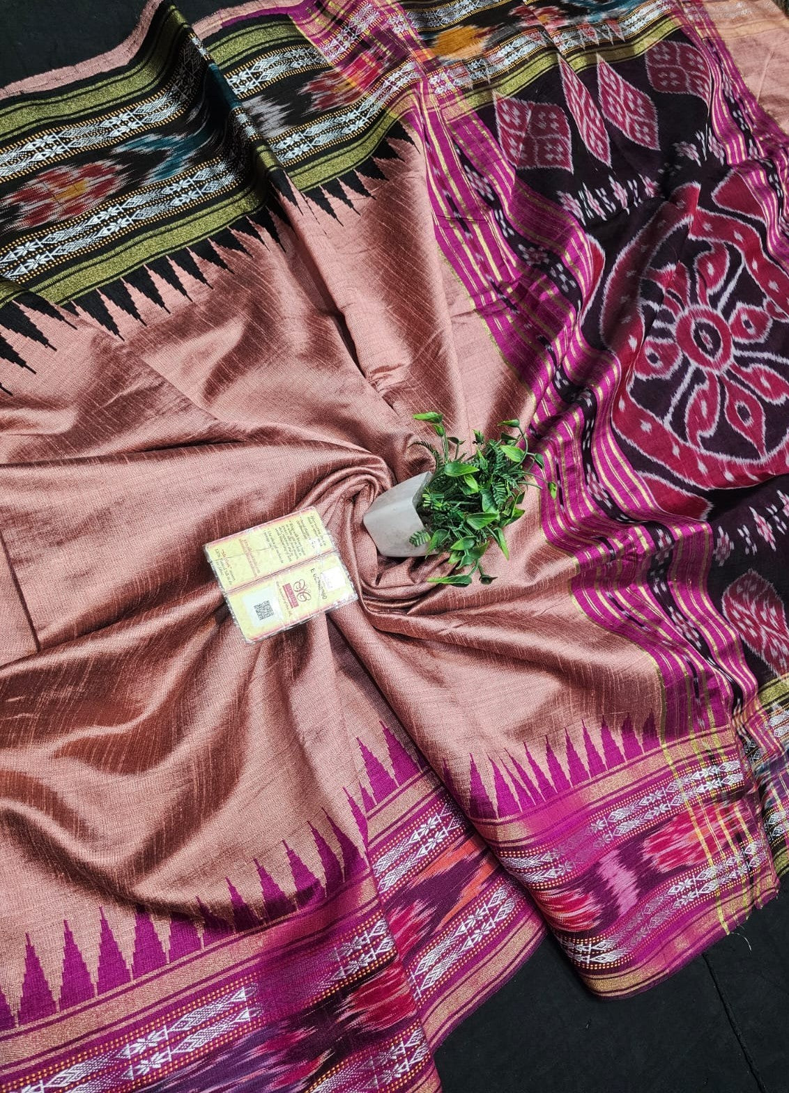 Chhattisgarh Handloom Pure Raw Silk Saree | Vidarbha Temple Border, Ikat Pallu