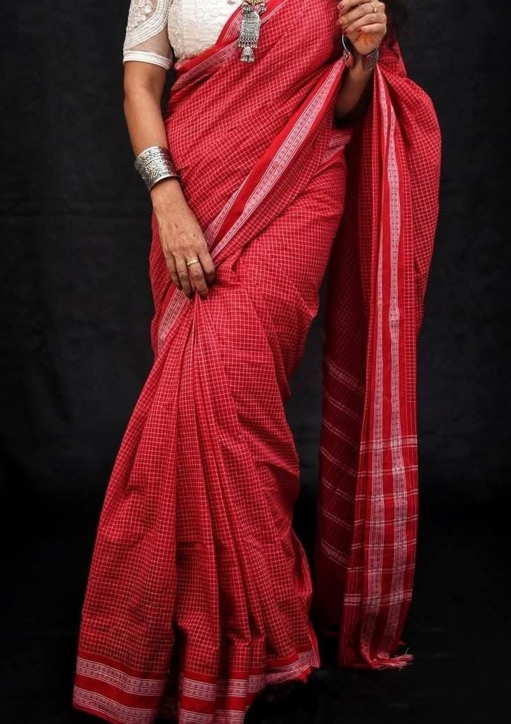 Pure Cotton Checked Patteda Anchu Ilkal Handloom Saree