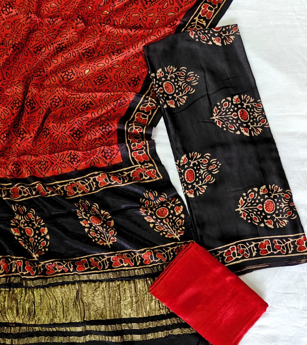 Bagru Hand Block Printed Modal Silk Suit with Golden Zari Border