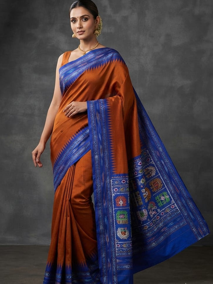 Chhattisgarh Pure Raw Silk Handloom Ikat Saree with Vidarbha Border & Dolabedi Pallu