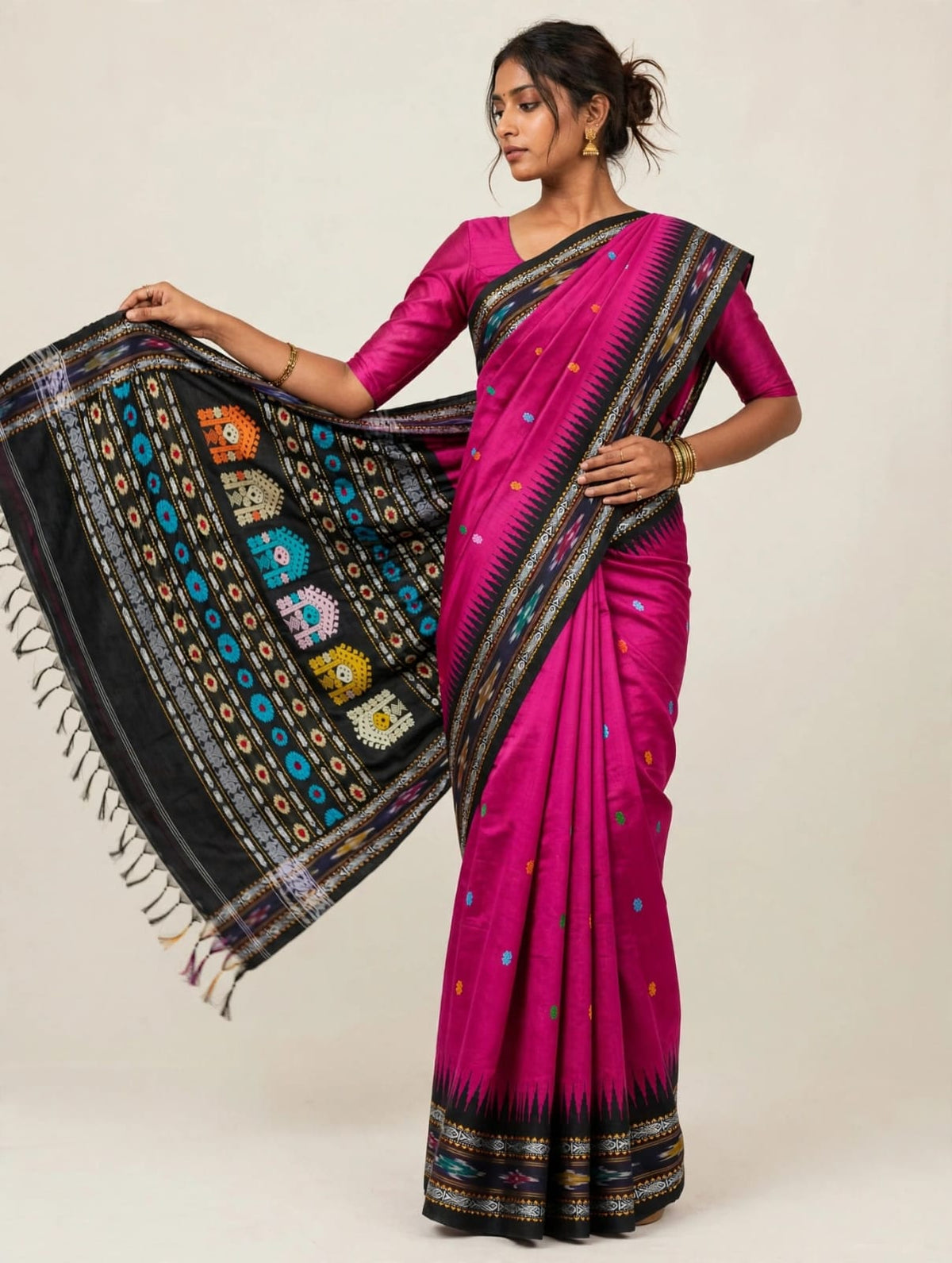 Chhattisgarh Pure Raw Silk Handloom Ikat Saree with Vidarbha Border & Dolabedi Pallu