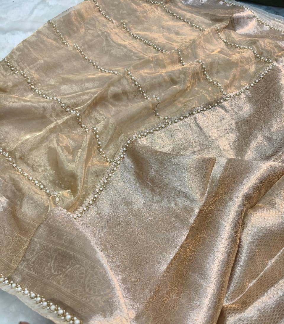 Pure Kora Tissue Banarasi Silk Saree | Golden Pearl Handwork Saree