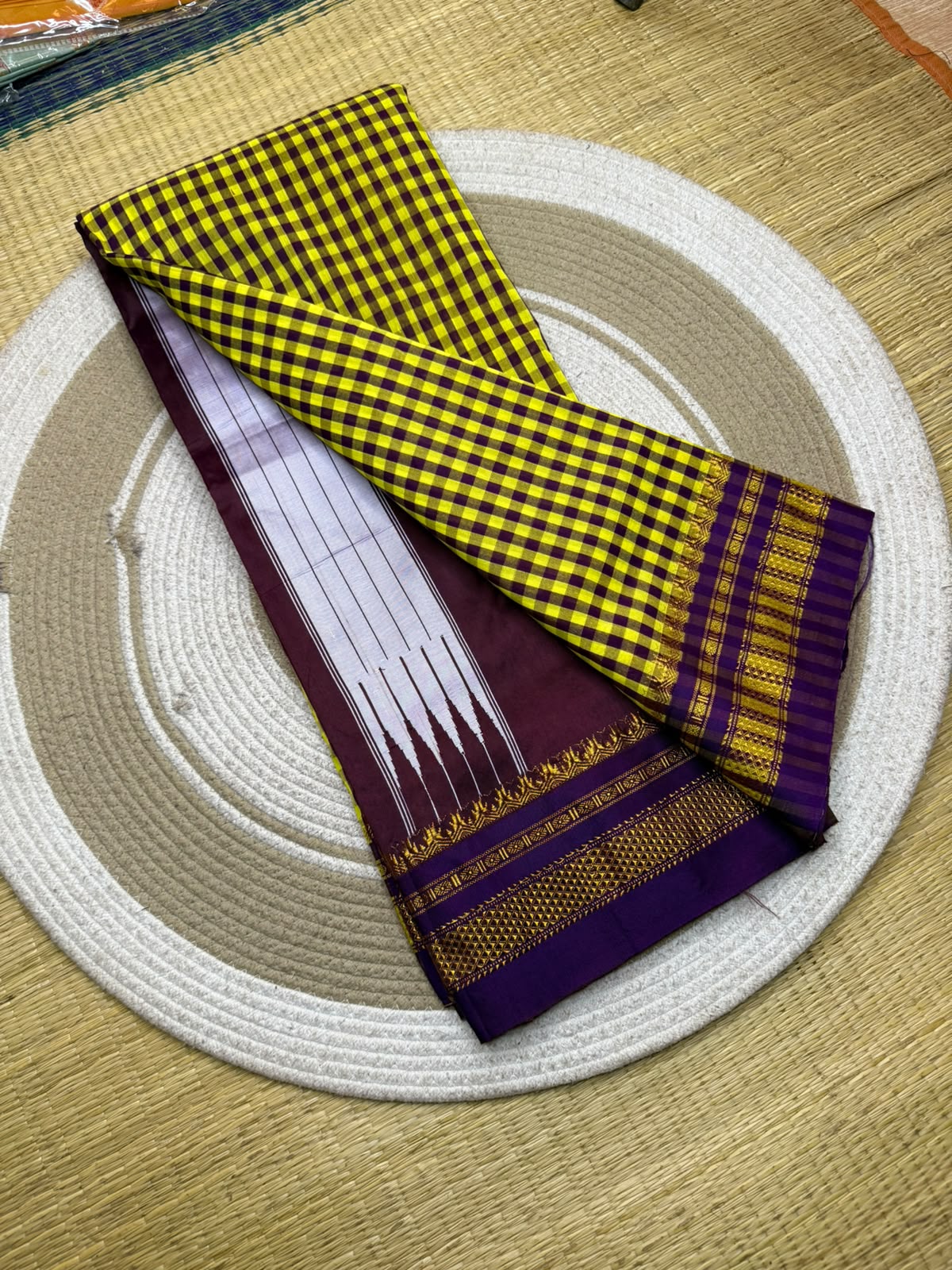 Karnataka Ilkal Small Checks Saree with Chikki Paras Border & Semi-Silk Pallu