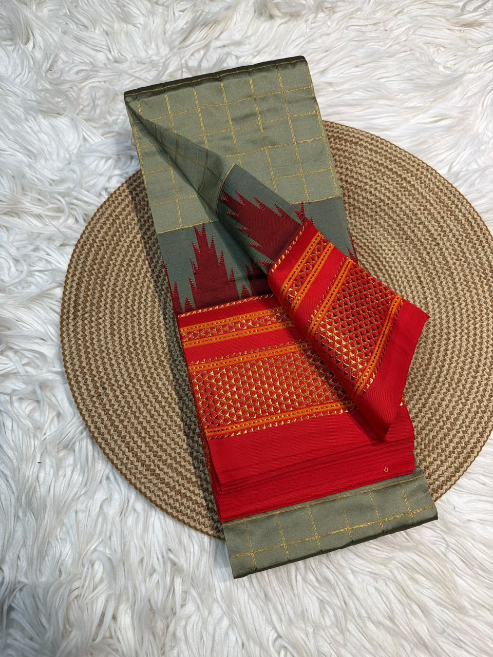 Authentic Karnataka Handloom Ilkal Mulberry Semi Silk Temple Border Saree | Pure Silk Tope Pallu