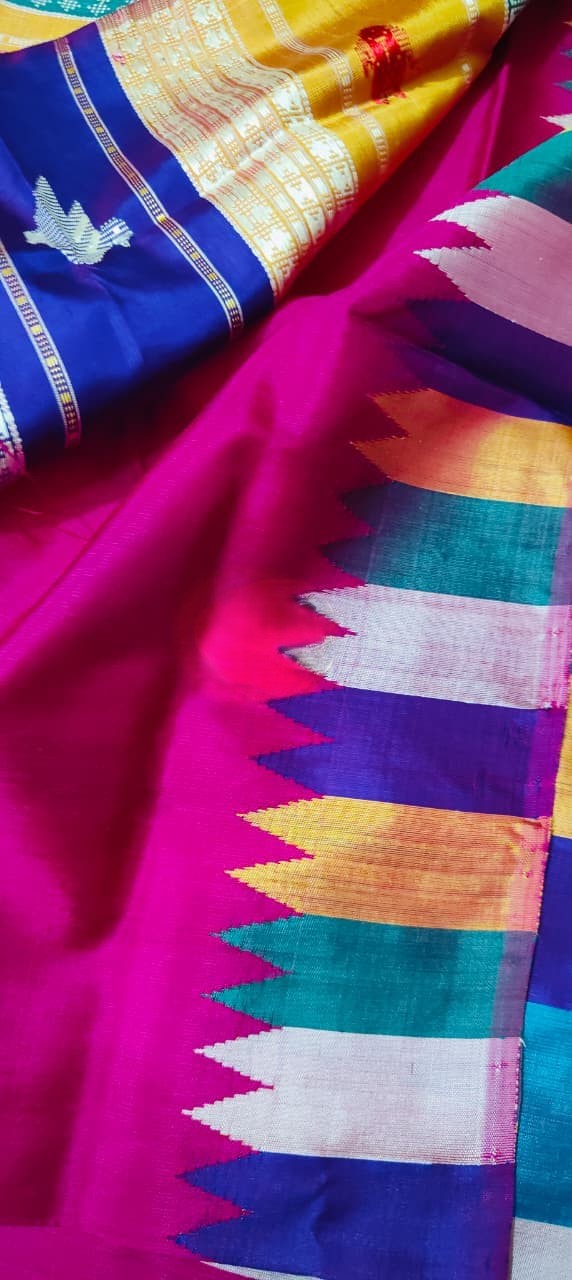 Authentic Berhampuri Double Pallu Silk Saree | Multicolour Phoda Kumbha Border | Odisha Handloom