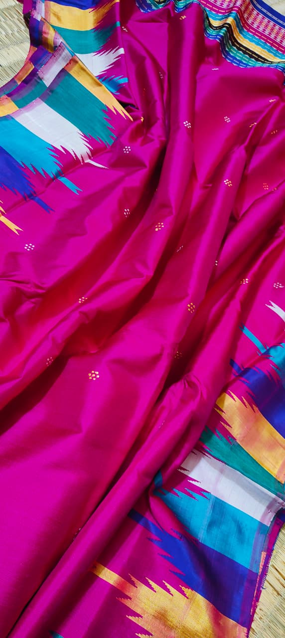 Authentic Berhampuri Double Pallu Silk Saree | Multicolour Phoda Kumbha Border | Odisha Handloom