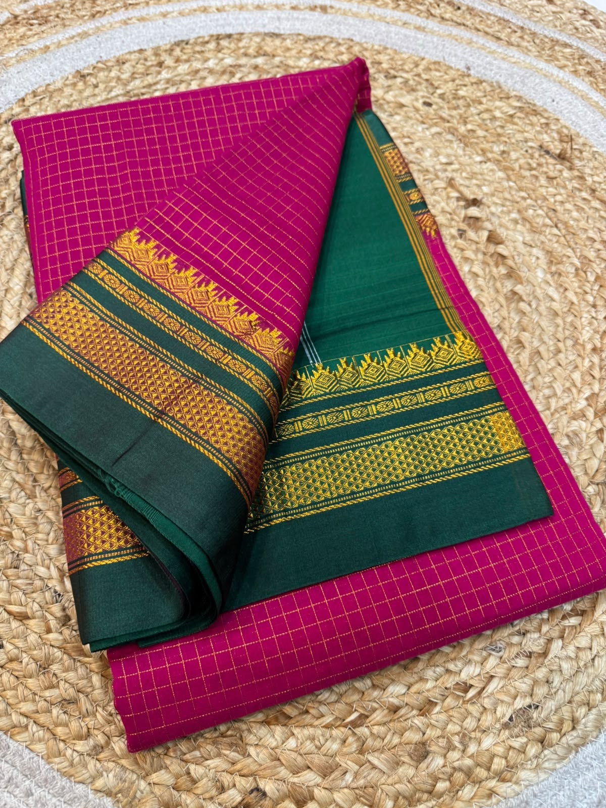 Karnataka Ilkal Saree – Tana Special Zari Checks with Chukki Paras Border & Contrast Blouse