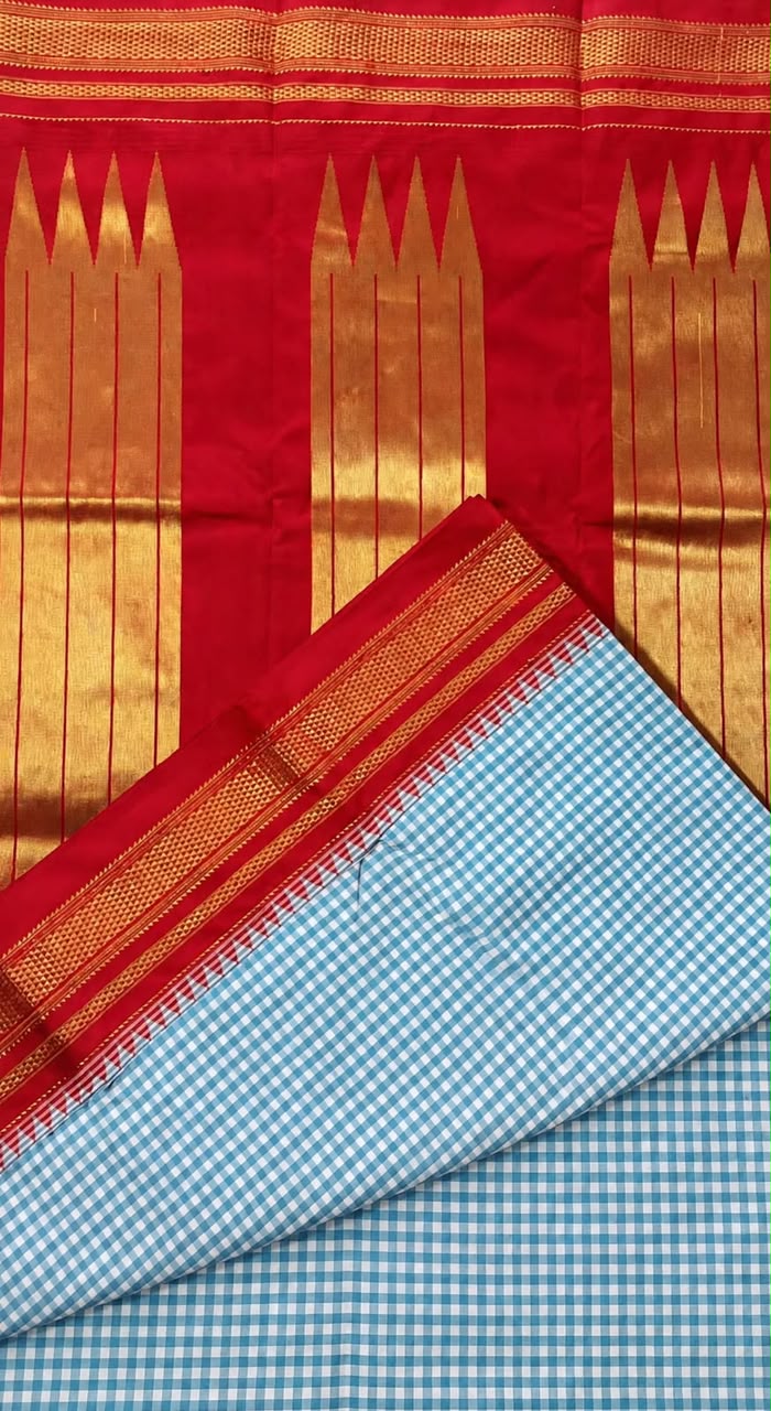 Karnataka Ilkal-Style Temple Border Small Checks Saree with Tope Zari Pallu