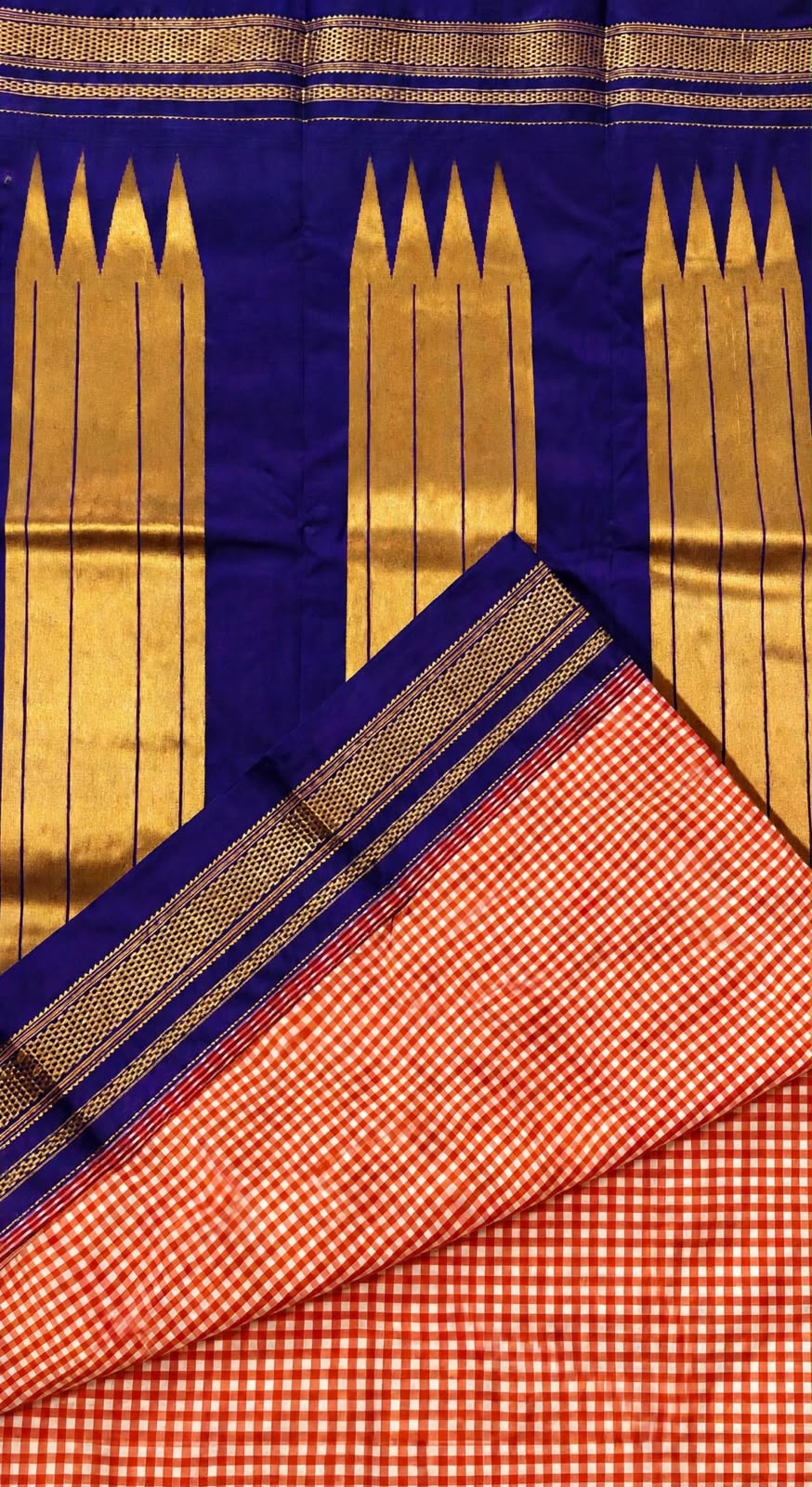 Karnataka Ilkal-Style Temple Border Small Checks Saree with Tope Zari Pallu