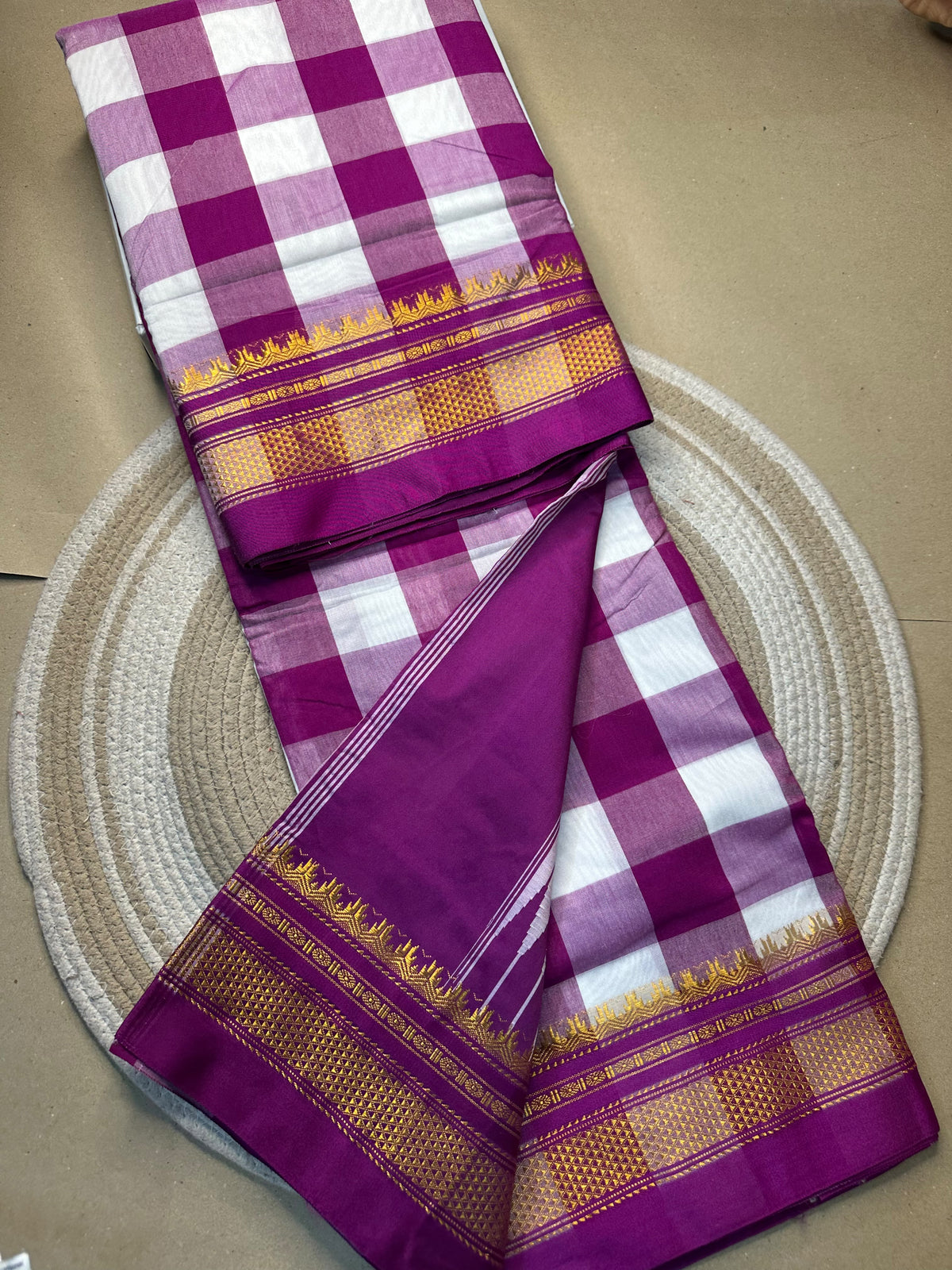 Ilkal-Style Big Checks Mercerised Cotton Saree with Chikki Paras Border & Catlon Silk Pallu