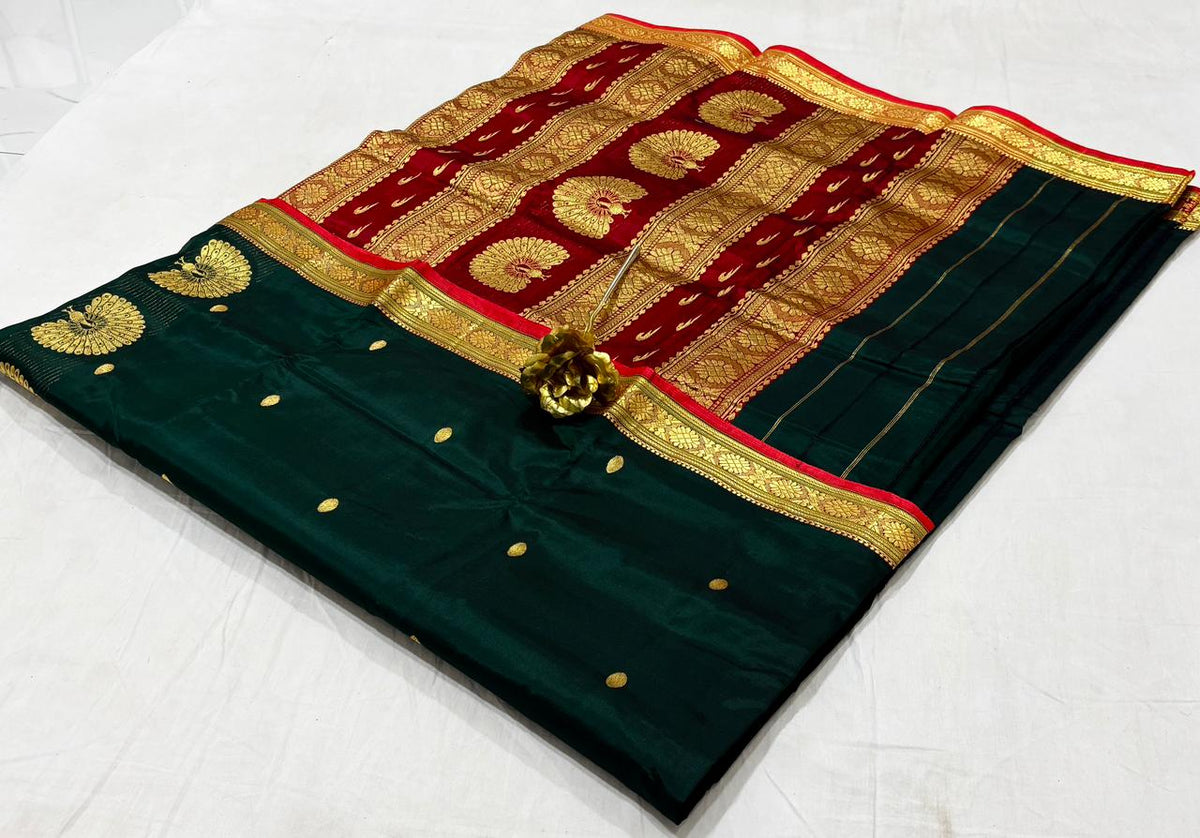 Pure Silk Saree from Maharashtra | Traditional Gold Butta & Woven Border
