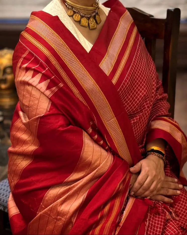 Karnataka Chaduranga Chikki Pure Mulberry Silk Handloom Saree with Pure Zari Tope Teni Pallu