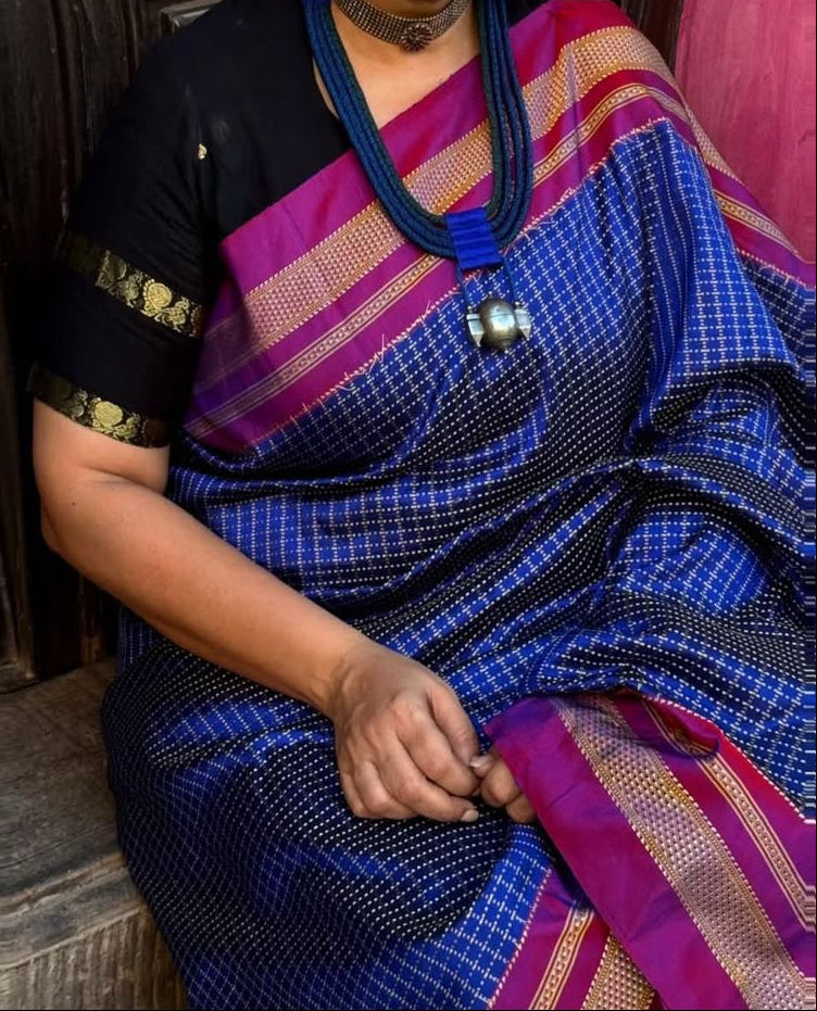 Karnataka Chaduranga Chikki Pure Mulberry Silk Handloom Saree with Pure Zari Tope Teni Pallu