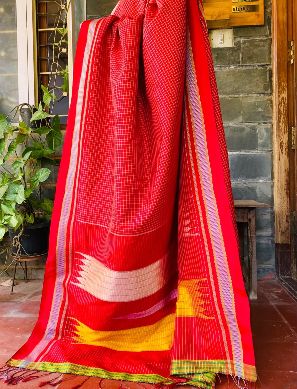 Karnataka Chaduranga Chikki Pure Mulberry Silk Handloom Saree with Pure Zari Tope Teni Pallu