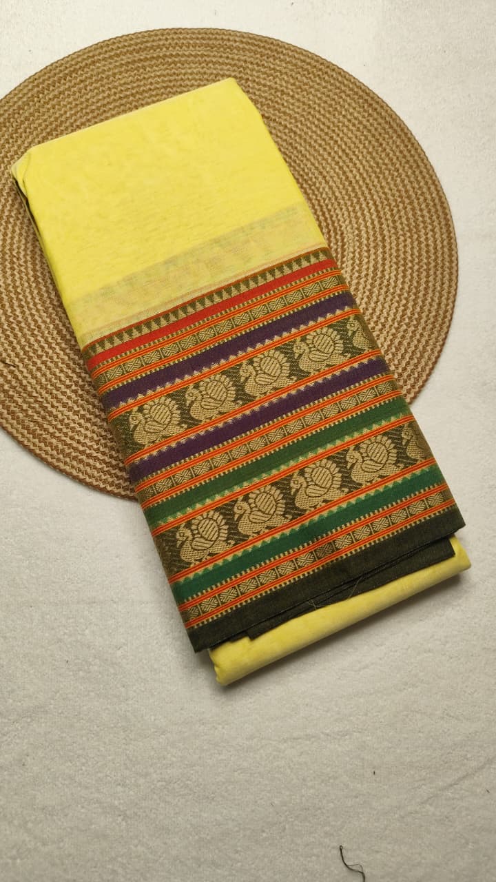 Premium Narayanpet-Style Mercerised Cotton Saree with Elephant and Peacock Border