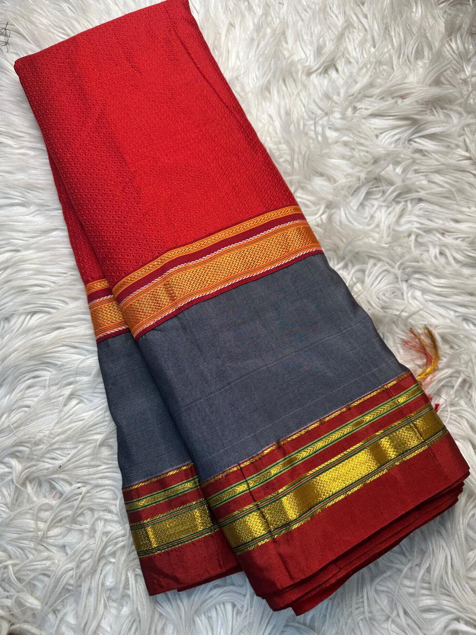 Exclusive Karnataka Ilkal Half & Half Saree in Mercerised Cotton with Thoda Paras Border & Tope Pallu