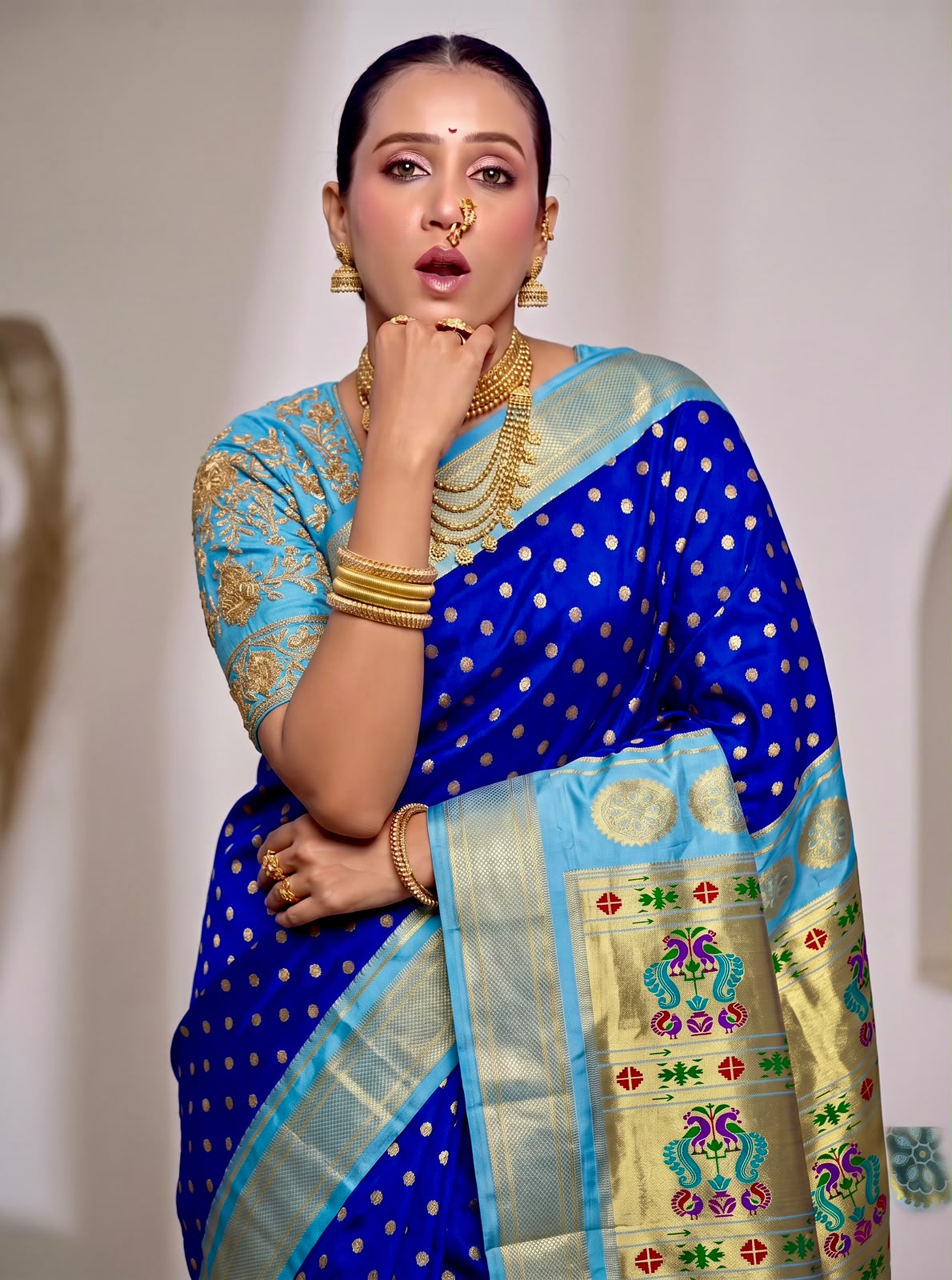 Big Temple Ilkal-Style Tana Silk Saree with All-Over Butties and Tope Pallu