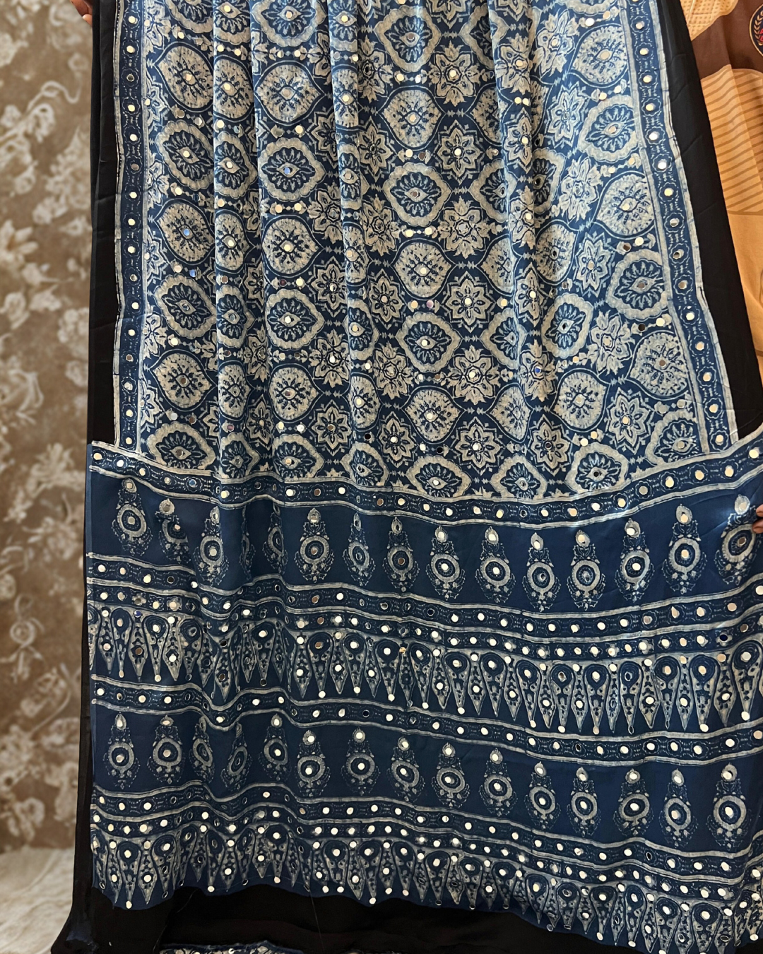 Authentic Ajrakh Modal Silk Indigo Saree with Mirror Work