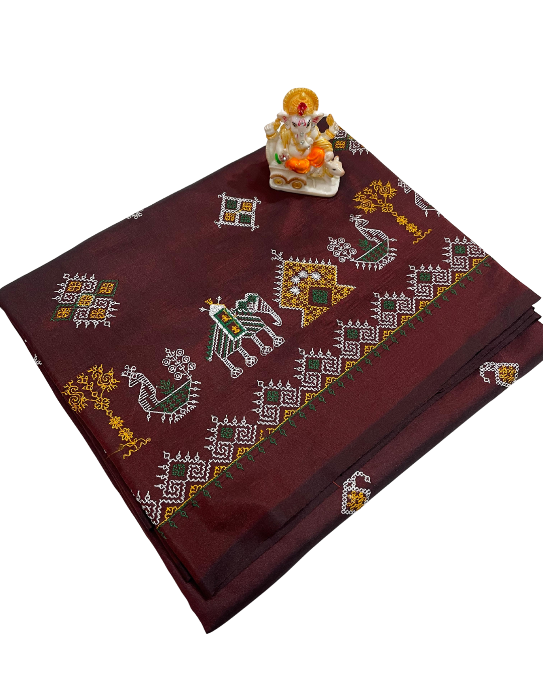 Deep Brown Malai Silk Saree with Kasuti Work