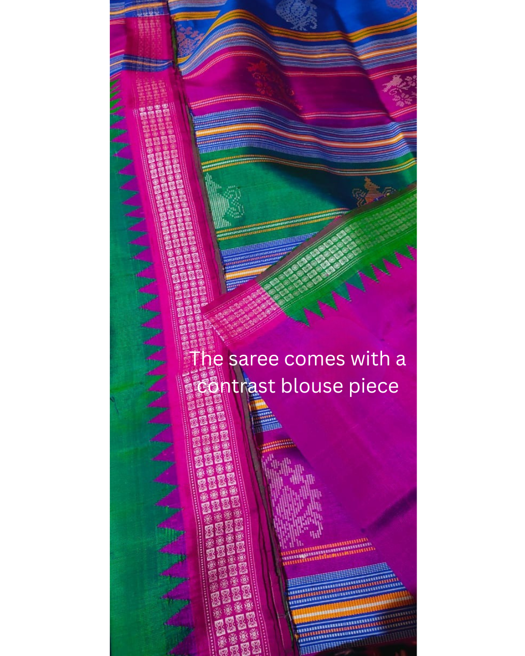 Berhampuri Patta Pure Silk Saree With Contrast Blouse Piece