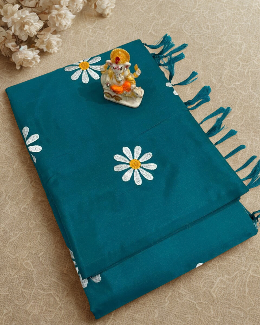 Malai Silk Saree with Sunflower Embroidery & Tassel Pallu