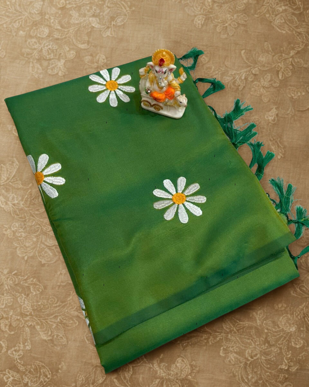 Malai Silk Saree with Sunflower Embroidery & Tassel Pallu