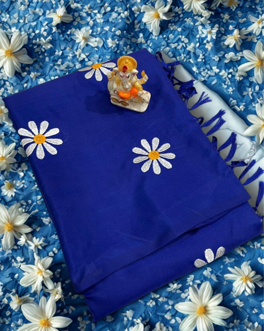 Malai Silk Saree with Sunflower Embroidery & Tassel Pallu